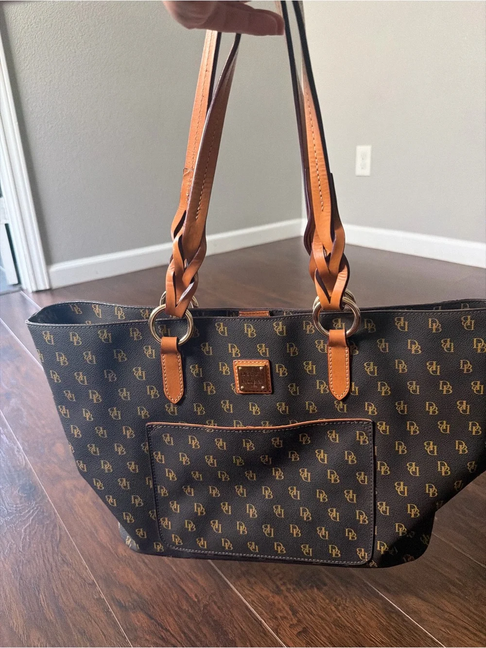 Dooney & Bourke Brown Monogram Tote with Tan Braided Handles